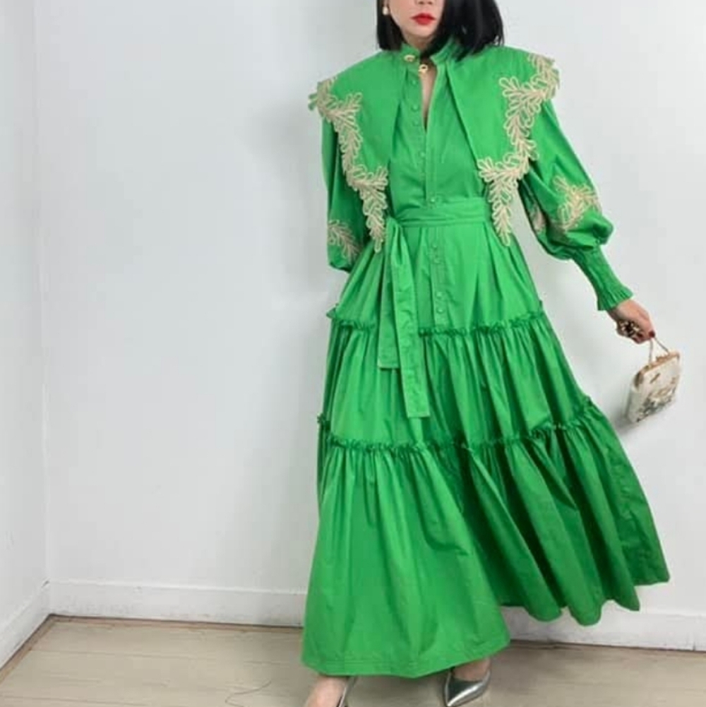 2015 Linda Green Stand Collar Embroidered Puff Long Sleeve Maxi Tiered Dress